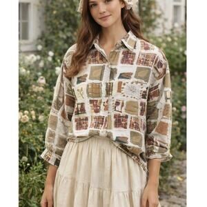 Krazy Kat Button Up Shirt 100% Cotton Size L Patchwork Grandmacore Vintage 90s